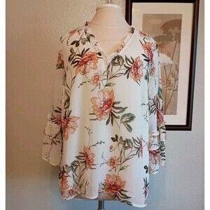 Daniel Rainn Size PXL Popover Top Blouse Floral Sheer 3/4 Length Bell Sleeves